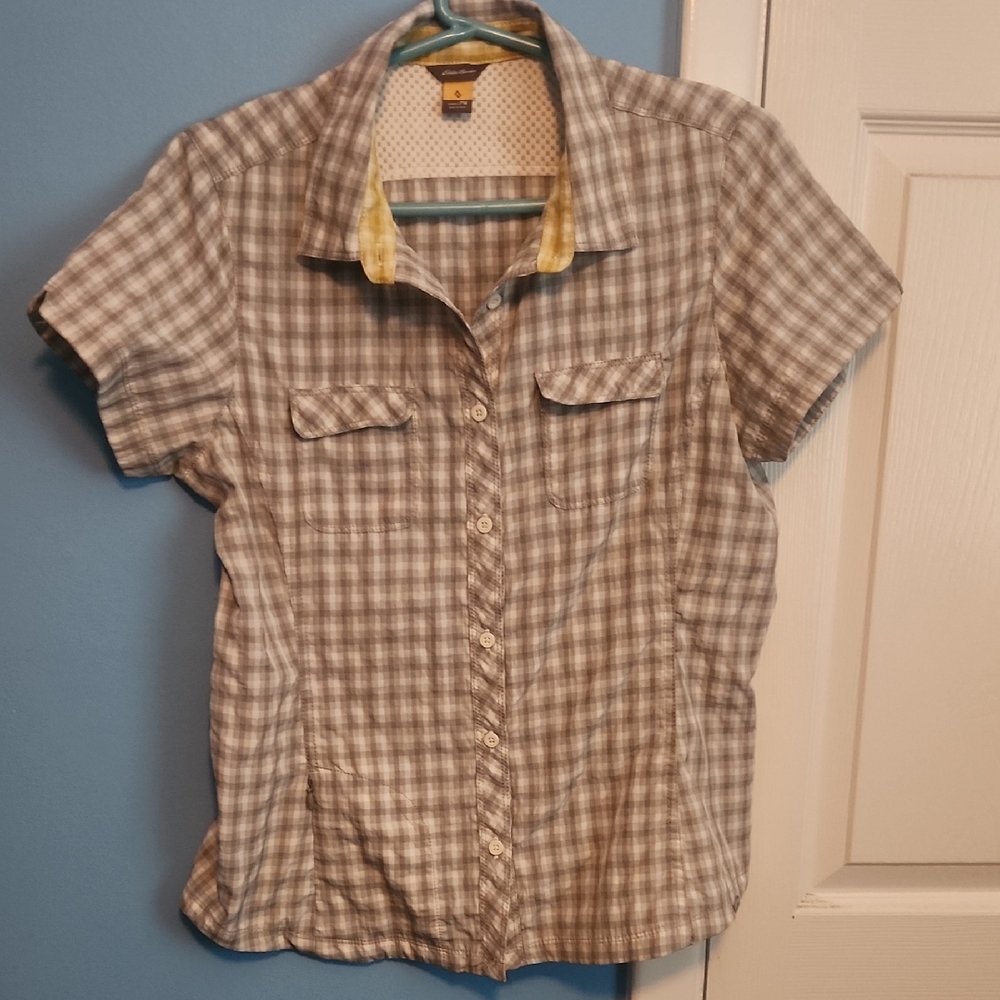 Eddie Bauer Gray and White Plaid Blouse